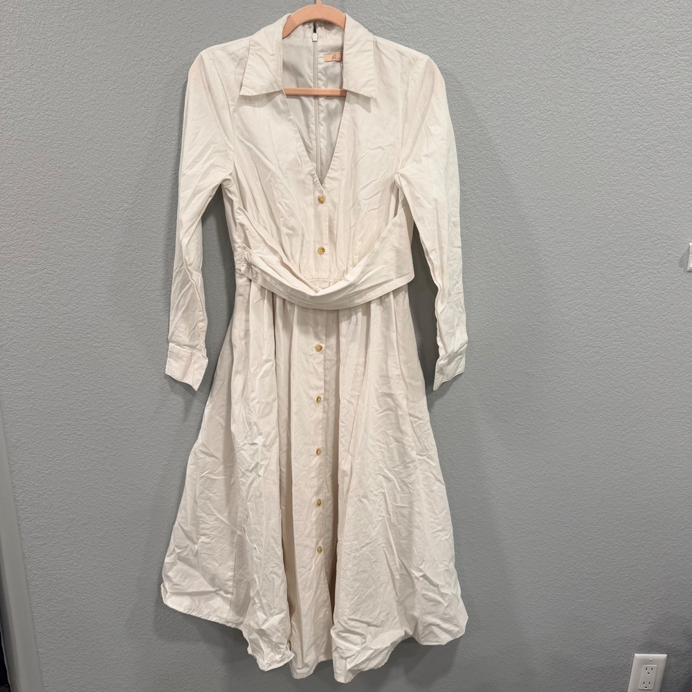 Hutch M White Cotton Long Sleeve Button Midi Dress Wrap Waist Lux Minimalist